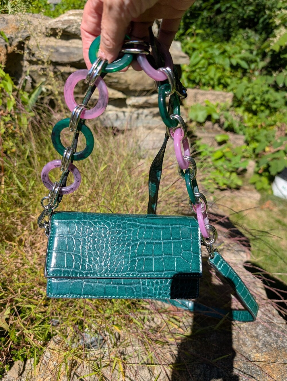 ASOS Dark Green Croc-Embossed Chain Accent Crossbody Bag
